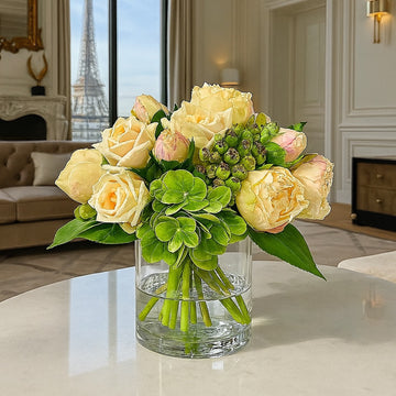 Champagne Real Touch Rose & Green Hydrangea Arrangement in Glass Vase